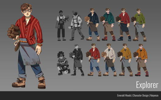 Male explorer design exploration and final illustration.