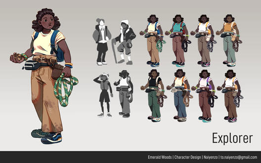 Female explorer design exploration and final illustration.
