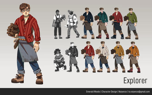 Male explorer design exploration and final illustration.